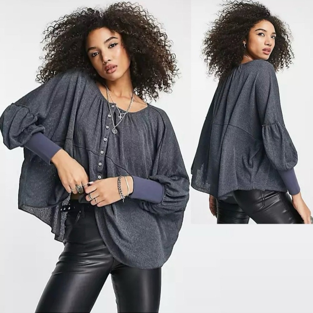 Free People “Marla” Henley Oversized Boho Poppy Seed Blue Top small